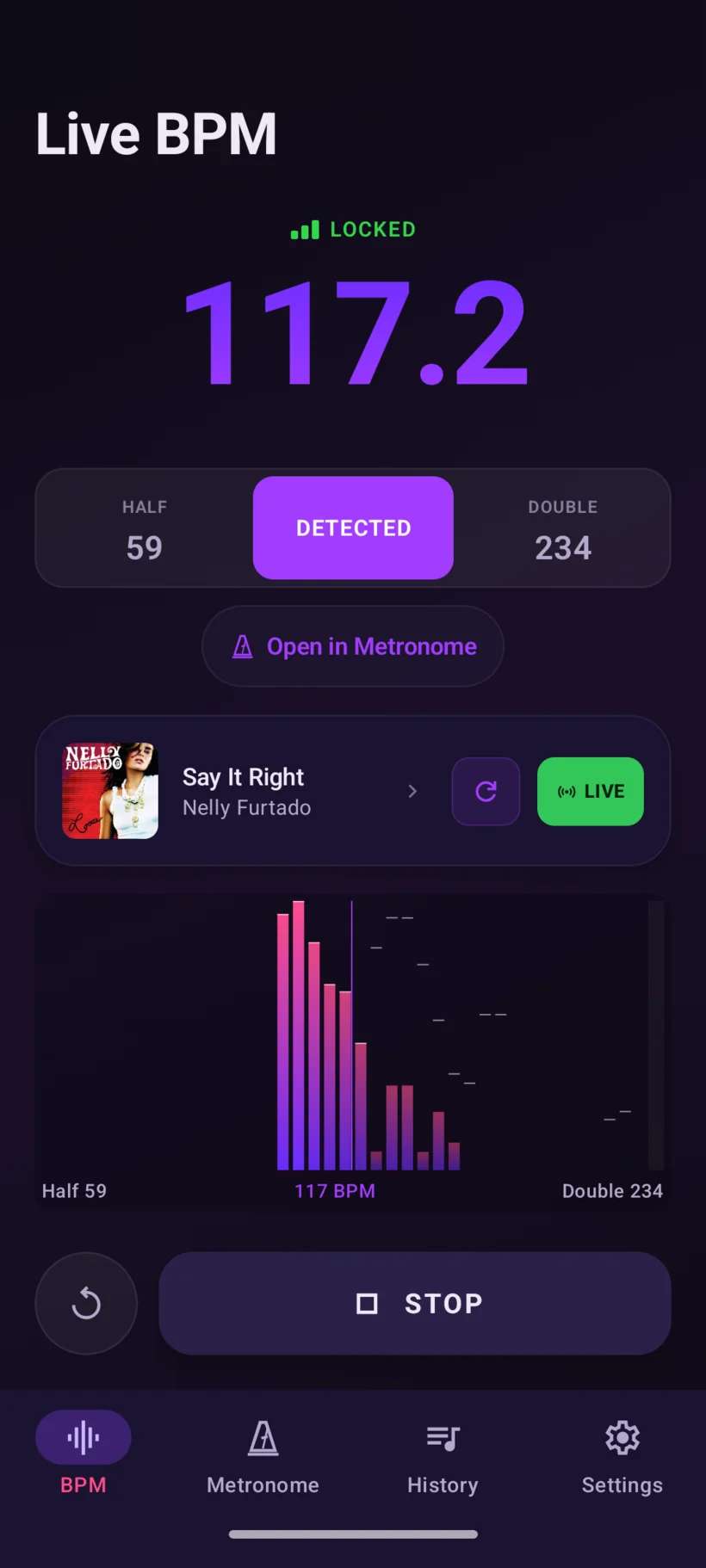 MagicBPM on Android: live BPM detection locked at 117.2, with the identified song and the tempogram