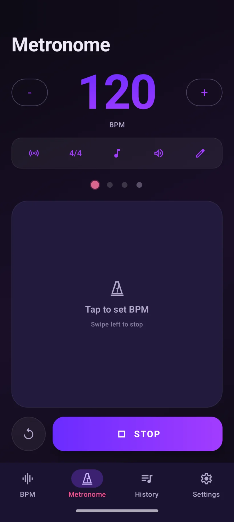 MagicBPM on Android: the metronome running at 120 BPM in 4/4