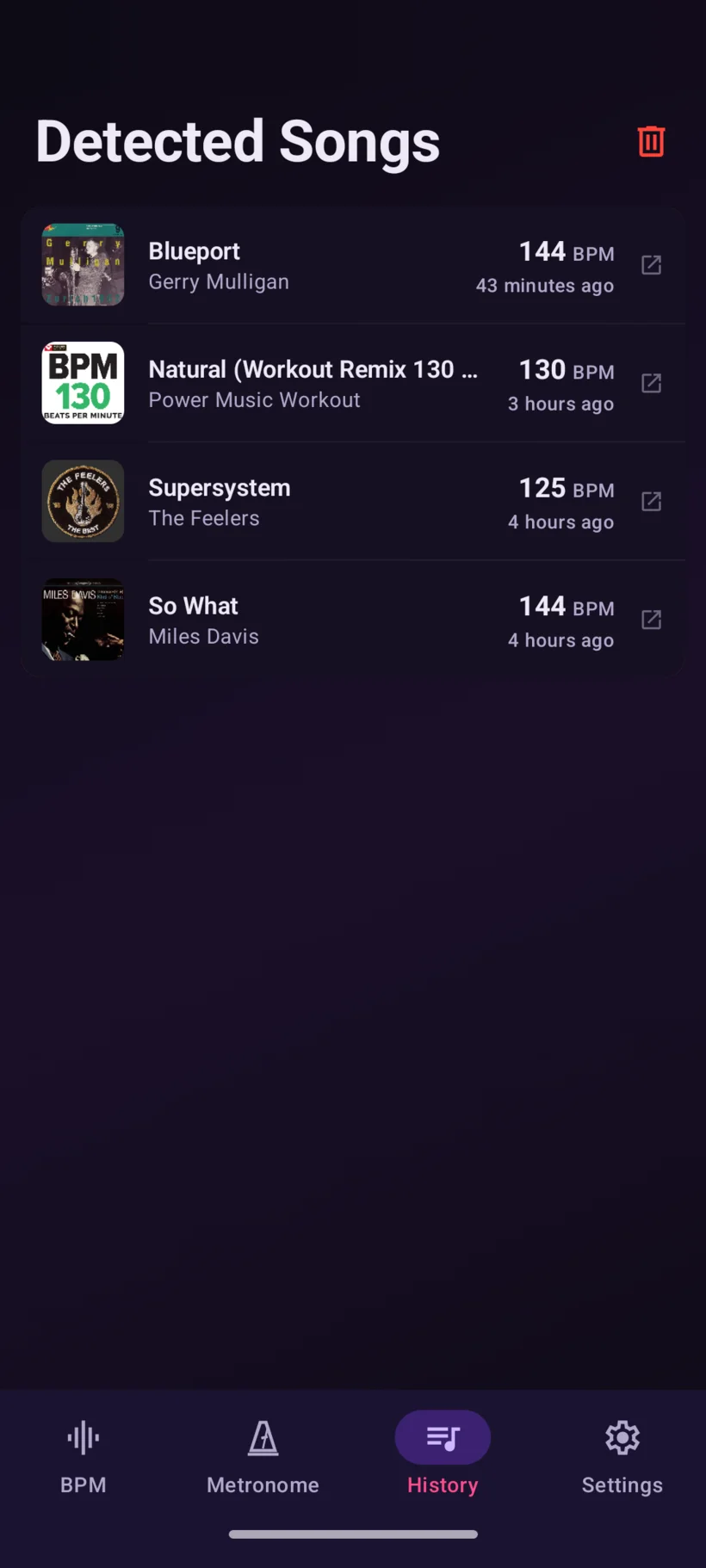 MagicBPM on Android: the Detected Songs history with the BPM of every identified song