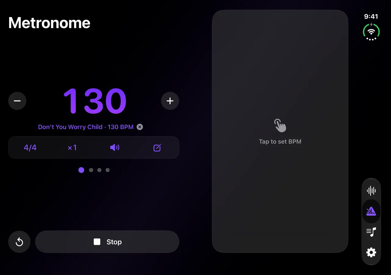 The metronome on a half-open iPhone Duo at 130 BPM, its controls on one side of the crease and the tap pad on the other