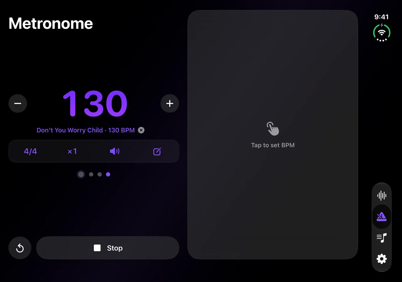 MagicBPM's metronome on the open iPhone Duo at 130 BPM, with the tempo and playback controls in the left column and the tap pad filling the right