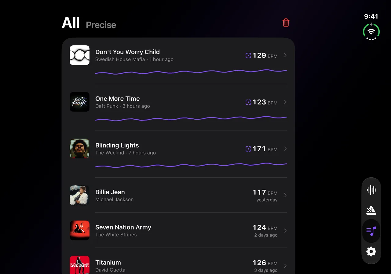 History on the open iPhone Duo, listing identified tracks with the BPM of each and the tempo curve of the ones read with Precise