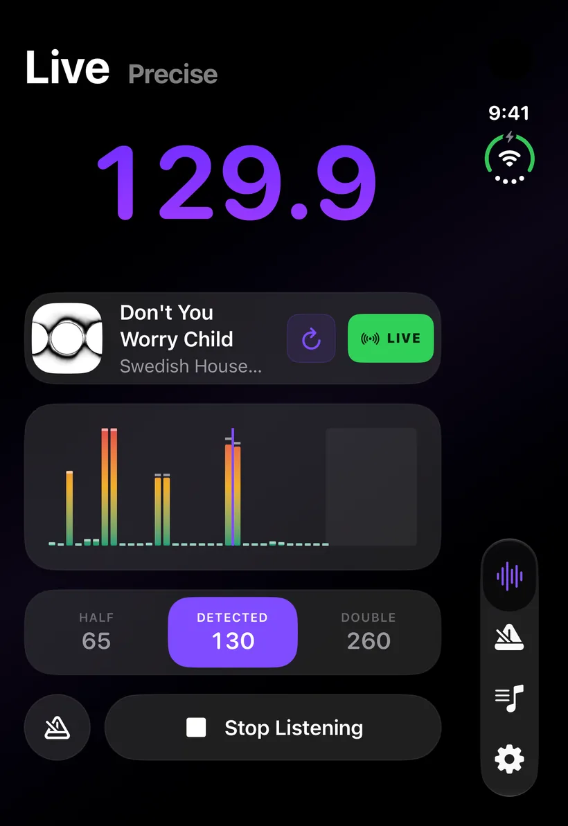Live BPM on the shut iPhone Duo cover display, reading 129.9 with the identified song and the tempo spectrum