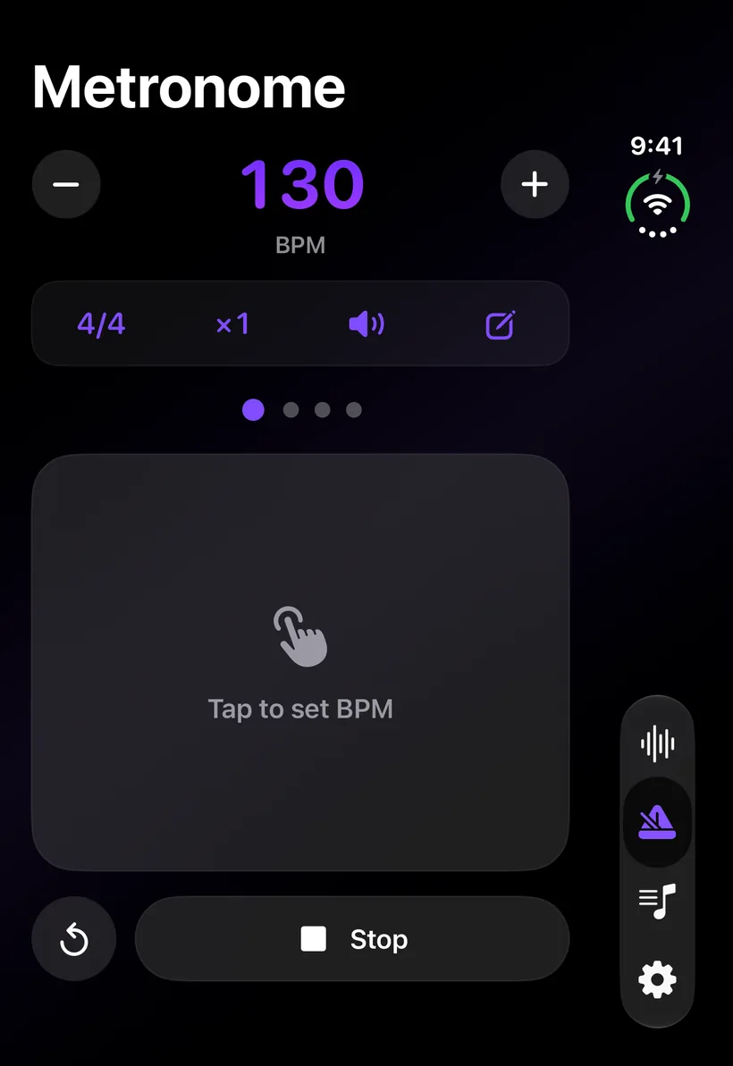 MagicBPM's metronome filling the iPhone Duo cover display, playing at 130 BPM in 4/4 with the tap pad and Stop button
