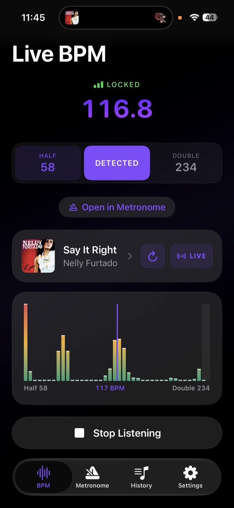 Live BPM detection locked on a playing song, with song identification and tempogram